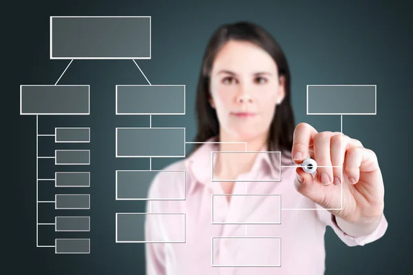 Young business woman writing process flowchart diagram on screen. — Stock Photo, Image