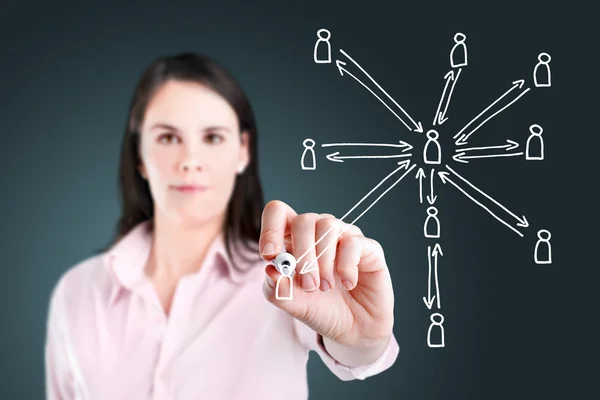 Young business woman drawing social network structure. — Stock Photo, Image