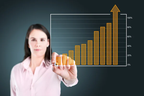 Joven mujer de negocios escribiendo sobre gráfico de barras de logro . —  Fotos de Stock