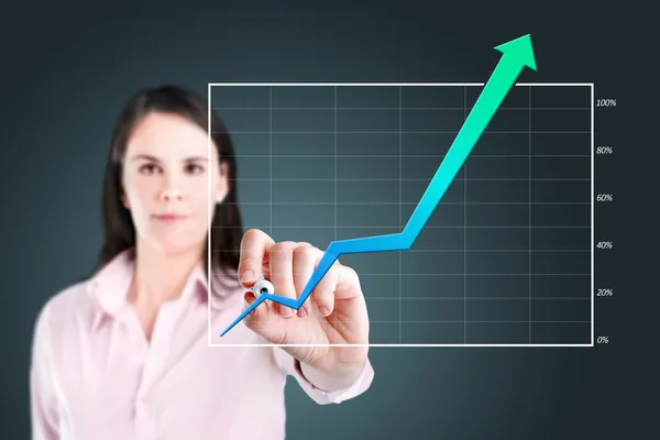 Joven mujer de negocios escribiendo sobre gráfico de logro . —  Fotos de Stock