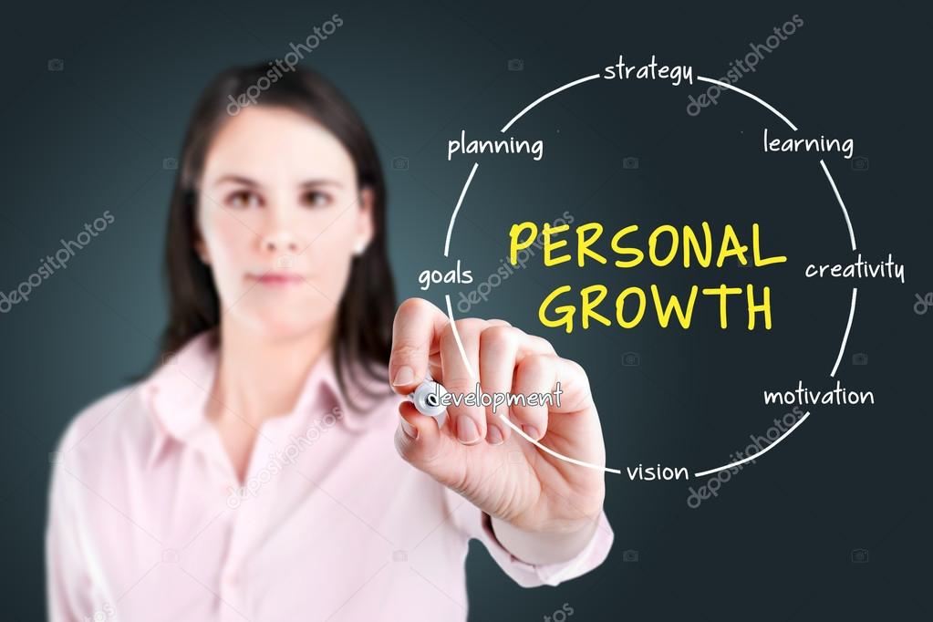 Young businesswoman holding a marker and drawing circular structure diagram of personal growth on transparent screen.