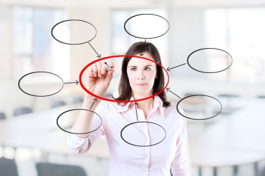 genç iş kadını merkezileşme diyagramı yazma. Office arka plan.