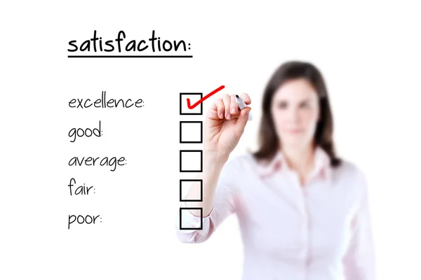 Young business woman checking excellence on customer satisfaction survey form, white background. — Stock Photo, Image