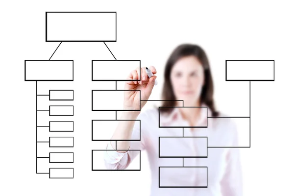 Young business woman writing process flowchart diagram on screen, white background. — Stock Photo, Image