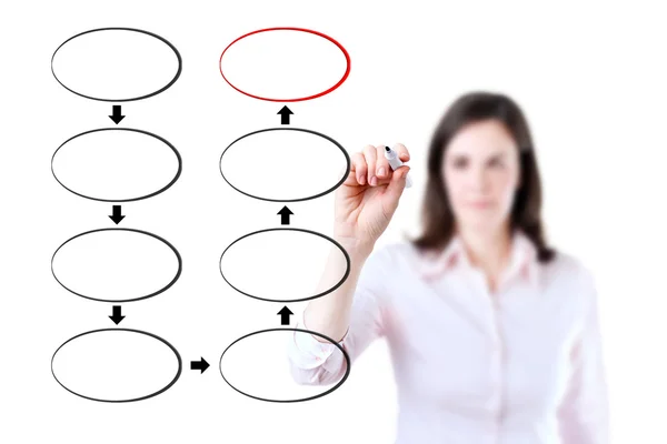 Jeune femme d'affaires dessin diagramme de flux de stratégie en huit étapes, fond blanc . — Photo
