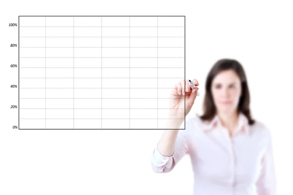 Young business woman drawing on empty graph, white background. — Stock Photo, Image