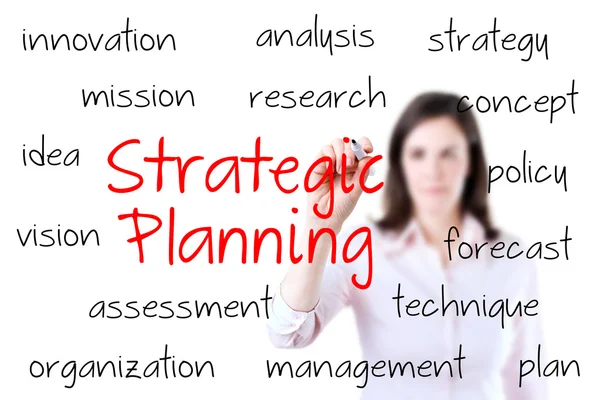 Young business woman writing strategic planning concept, white background. — Stock Photo, Image