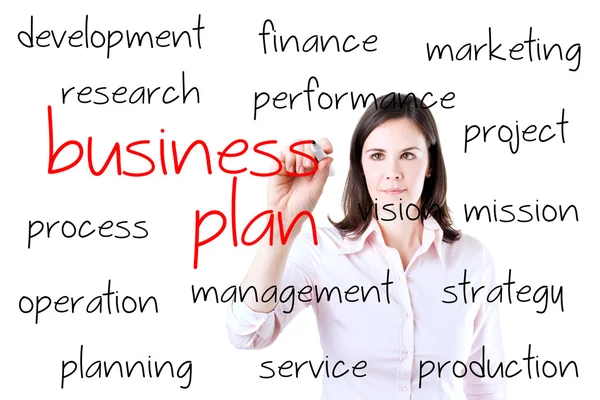 Giovane donna d'affari che scrive business plan concept. Isolato su bianco . — Foto Stock