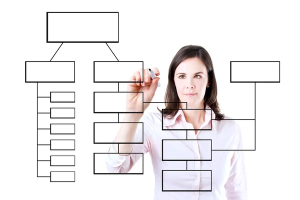 Diagramme de processus d'écriture de jeune femme d'affaires à l'écran. Isolé sur blanc . — Photo