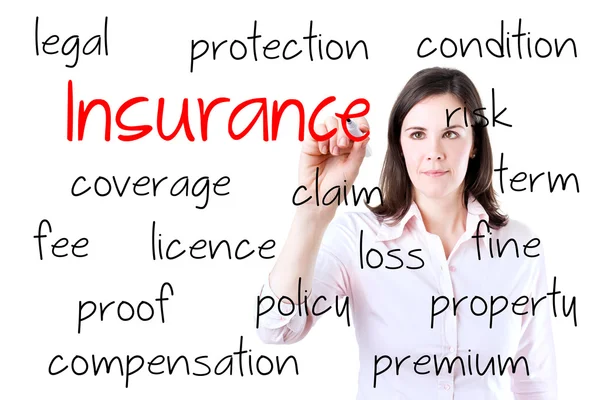 Giovane donna d'affari scrivere concetto di assicurazione. Isolato su bianco . — Foto Stock