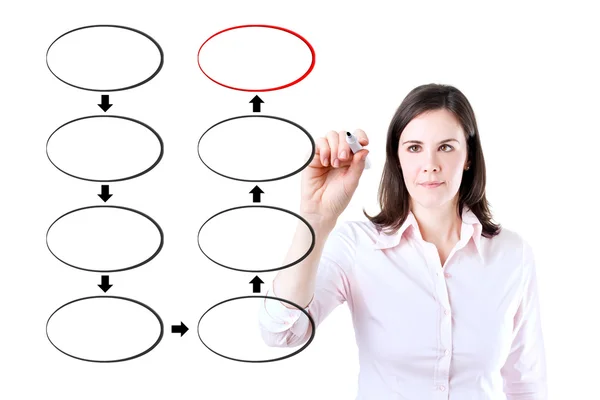 Young business woman drawing blank eight stage strategy flowchart. Isolated on white. — Stock Photo, Image