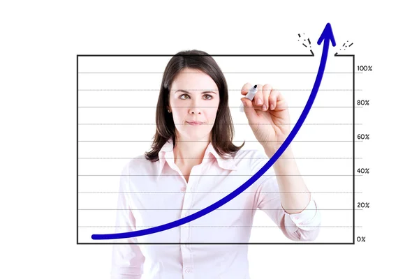 Young business woman drawing over target achievement graph. Isolated on white. — Stock Photo, Image