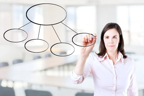 Joven mujer de negocios dibujando un diagrama de flujo. Antecedentes . — Foto de Stock