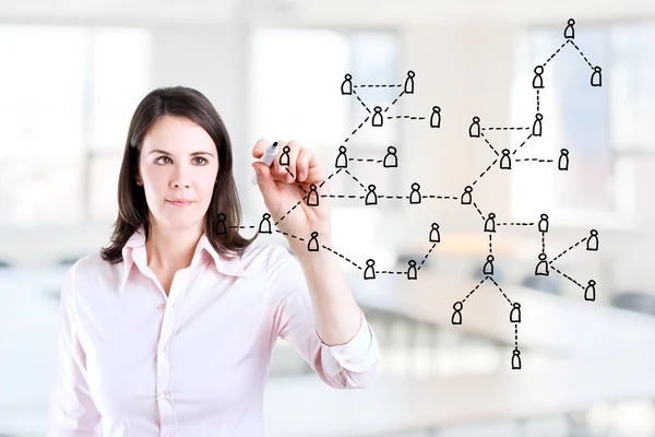 Young business woman drawing Social Network Concept. Office background. — Stock Photo, Image