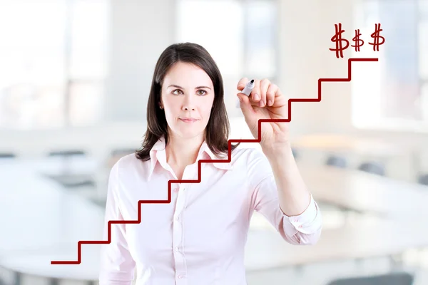 Joven mujer de negocios escribir escalera. Antecedentes . —  Fotos de Stock