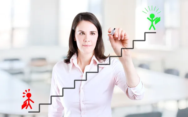 Young businesswoman drawing a career ladder concept. Office background. — Stock Photo, Image