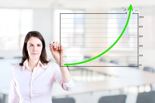 Young business woman drawing over target achievement graph. Office background. — Stock Photo, Image