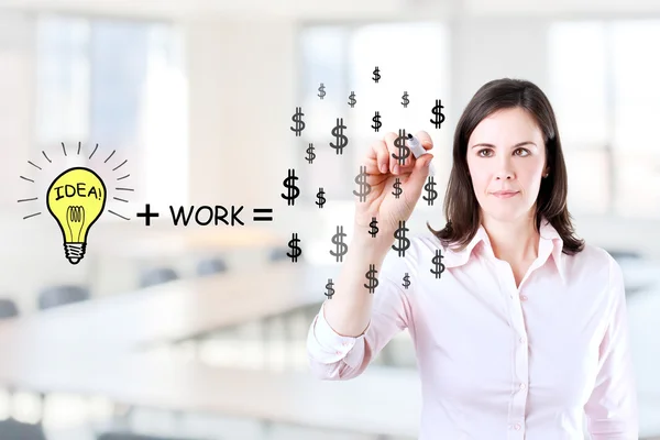 La idea y el trabajo pueden hacer un montón de dinero ecuación dibujar por la joven mujer de negocios. Antecedentes . —  Fotos de Stock