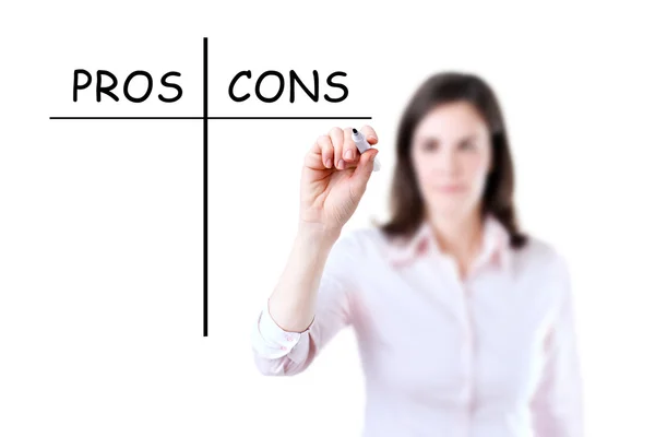 Young businesswoman holding a marker and writing pros and cons comparison concept, white background. — Stock Image Young businesswoman holding a marker and writing pros and cons comparison concept, white background. Royalty Free Stock Photos