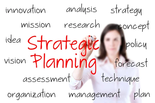 Mladí podnikání žena psaní strategického plánování koncepce, bílé pozadí. Stock Snímky