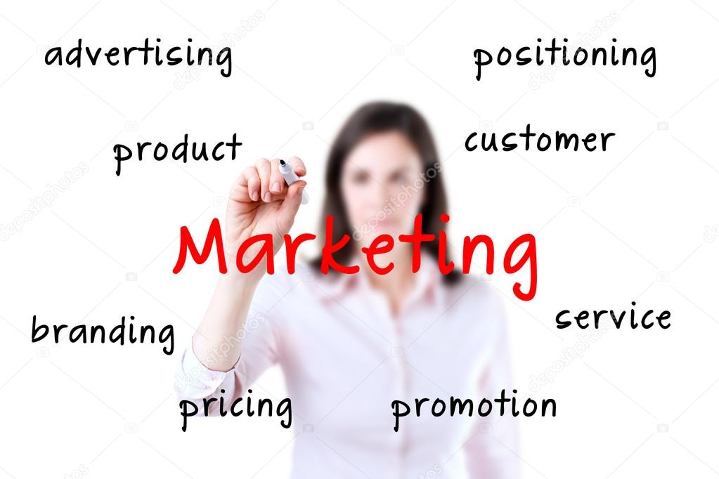 Young business woman writes on the screen marketing, white background.
