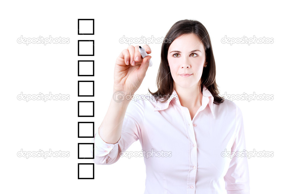 Business woman writing on some blank checklist boxes. Isolated on white.