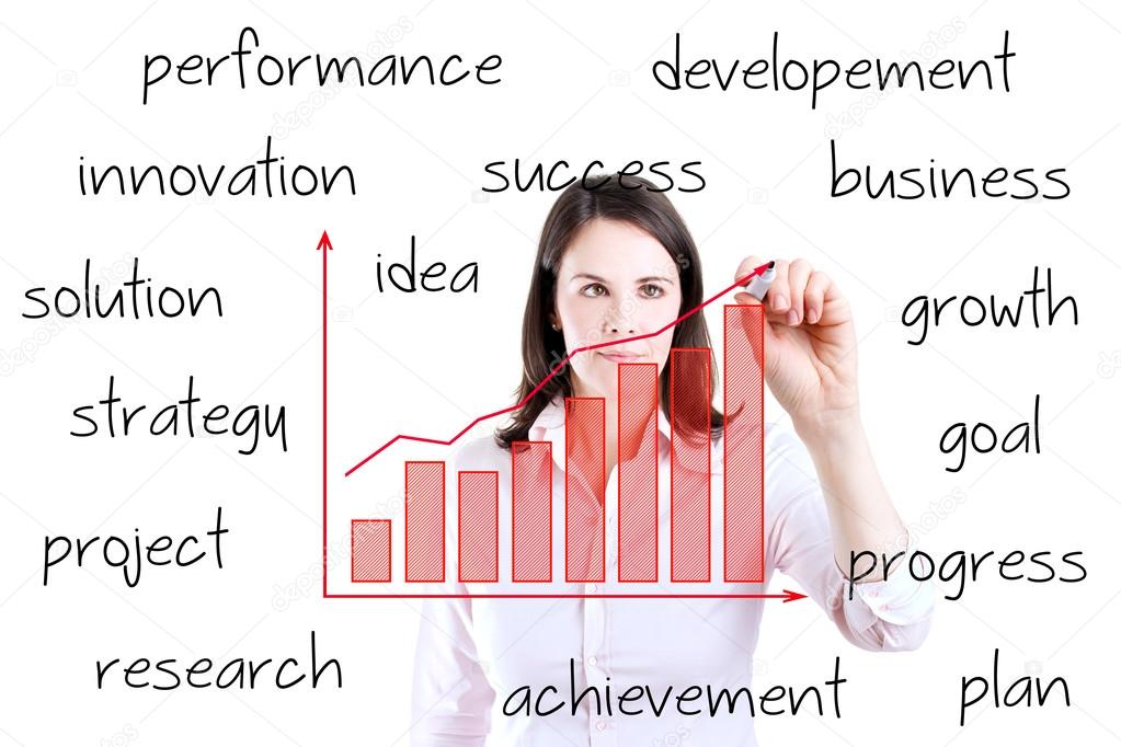 Young business woman writing growth graph with business related text. Isolated on white.
