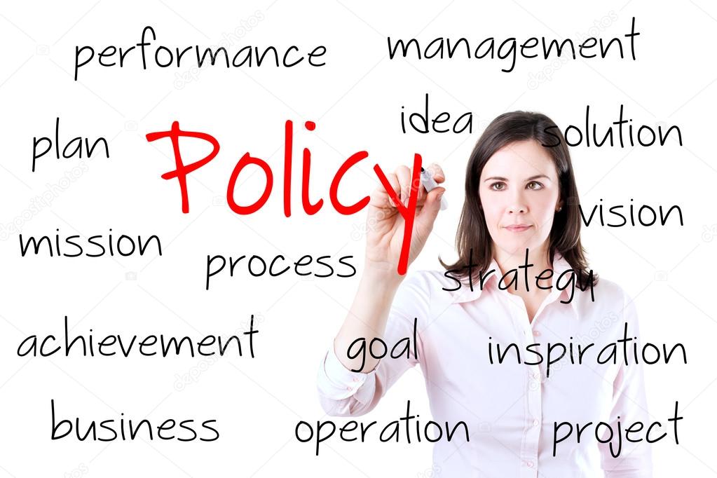 Young business woman writing policy concept. Isolated on white.