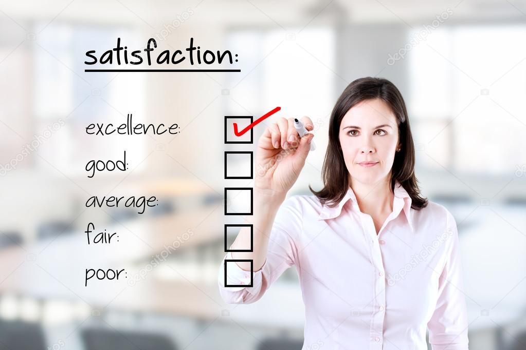 Young business woman checking excellence on customer satisfaction survey form. Office background.