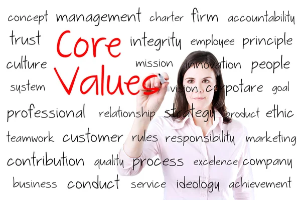 Young business woman writing concept of core values. Isolated on white. — Stock Photo, Image