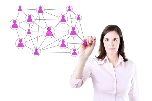 Mujer de negocios con lápiz dibujo red social o multi nivel concepto de conexión de marketing ilustración en una pizarra blanca. Aislado sobre blanco . —  Fotos de Stock