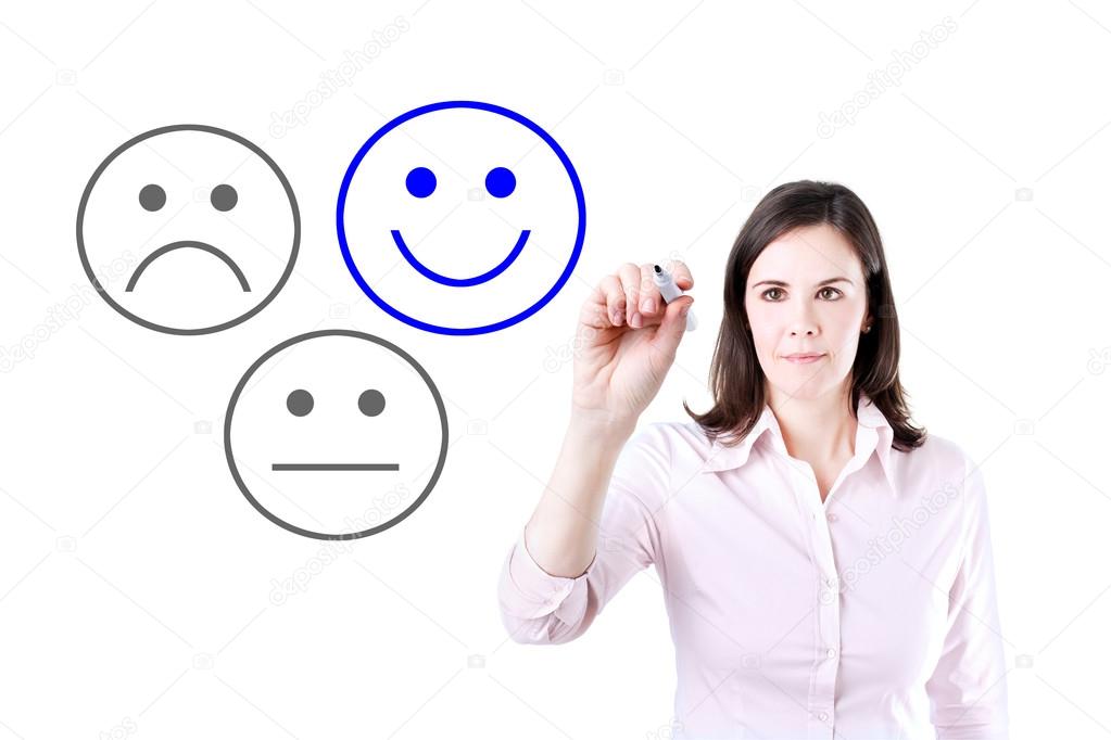 Business woman select happy on satisfaction evaluation. Isolated on white.