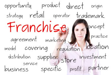 genç iş kadını franchise kavramı yazma. beyaz izole.