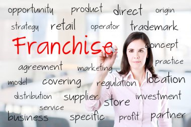 genç iş kadını franchise kavramı yazma. Office arka plan.
