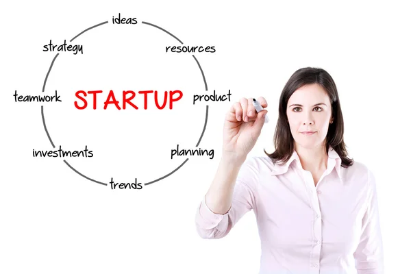 Diagrama de estrutura circular de inicialização. Jovem empresária segurando um marcador e desenhando elementos-chave para iniciar um novo negócio. Isolado sobre fundo branco . — Fotografia de Stock