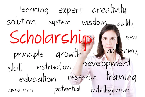 Ung affärskvinna skriva stipendium koncept. isolerad på vit. — Stockfoto
