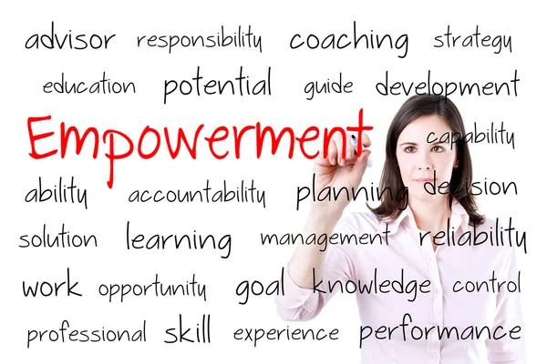 Junge Geschäftsfrau schreibt Empowerment-Konzept. isoliert auf weiß. — Stockfoto