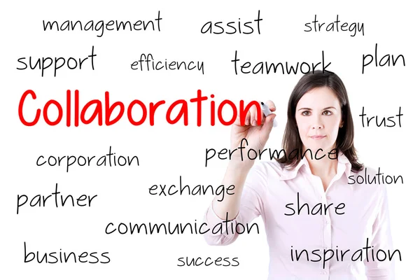Affärskvinna skriver samarbete koncept. isolerad på vit. — Stockfoto