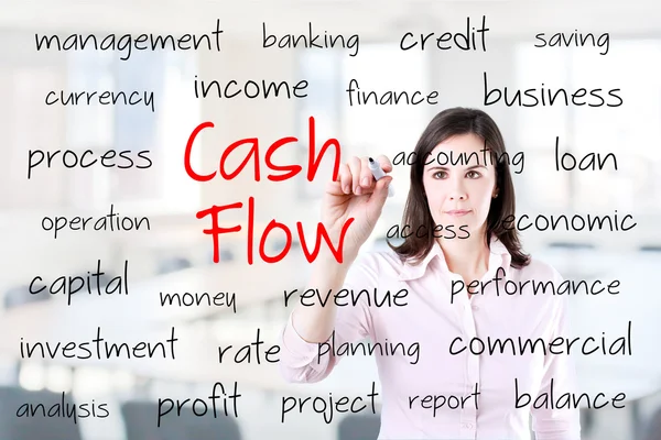 Young business woman writing cash flow concept. Office background. — Stock Photo, Image