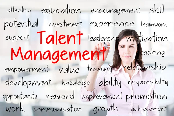 Business woman writing talent management concept. Office background. — Stock Photo, Image