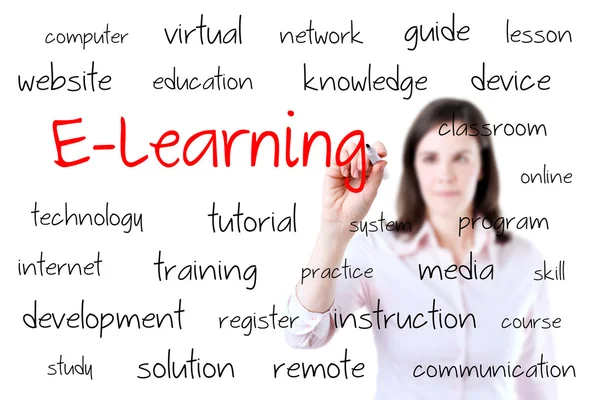 Giovane donna d'affari che scrive concetto di e-learning. Isolato su bianco . — Foto Stock