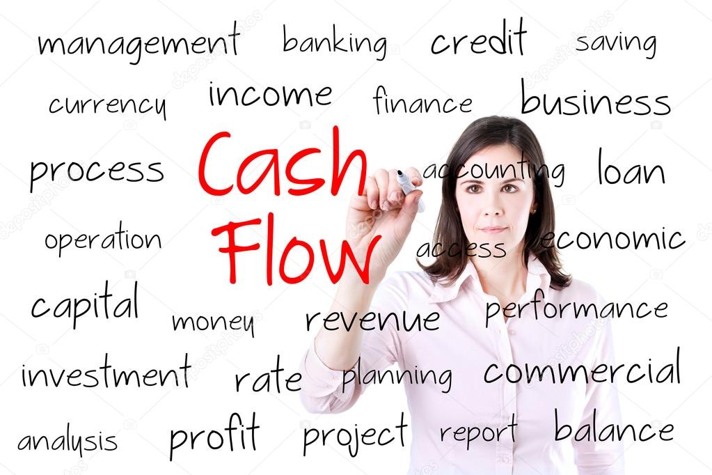 Young business woman writing cash flow concept. Isolated on white.