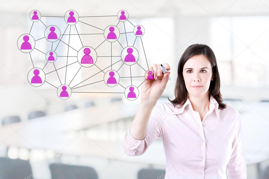 Businesswoman with pen drawing social network or multi level marketing connection concept illustration on a whiteboard. Office background.