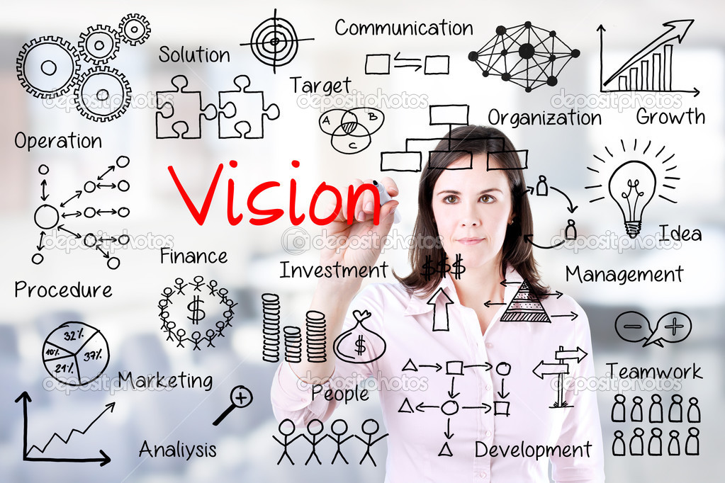 Young business woman writing vision concept. Office background.