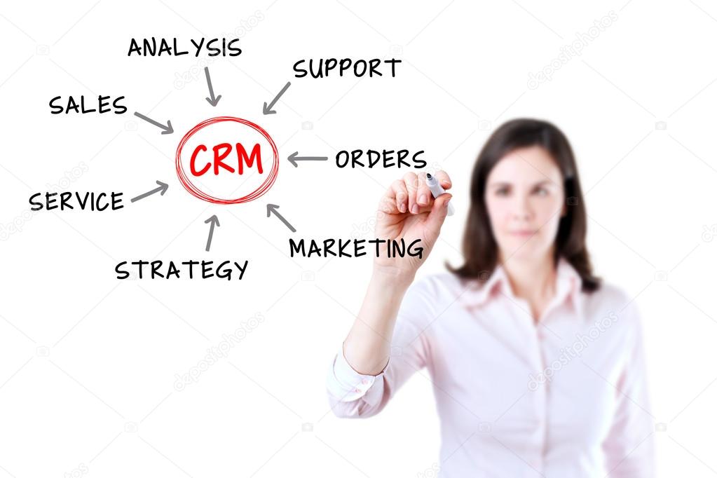 Young businesswoman drawing customer relationship management process concept. Isolated on white.