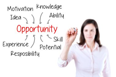 fırsat kazanma birçok özniteliği tarafından yazılı bir iş kadını. beyaz izole.