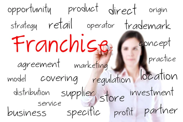 genç iş kadını franchise kavramı yazma. beyaz izole.