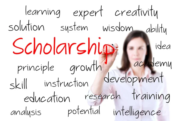 Ung affärskvinna skriva stipendium koncept. isolerad på vit. — Stockfoto