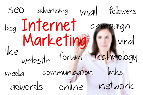 Zakenvrouw internet marketing concept schrijven. geïsoleerd op wit. — Stockfoto