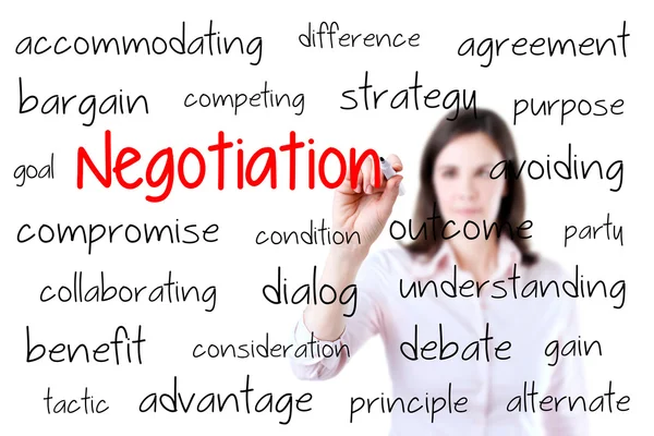 Business woman writing negotiation concept. Isolated on white. — Stock Photo, Image
